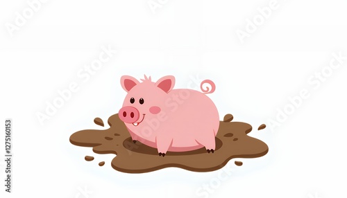 Playful Pink Piglet Rolling in Brown Mud, Pastel Cartoon Illustration