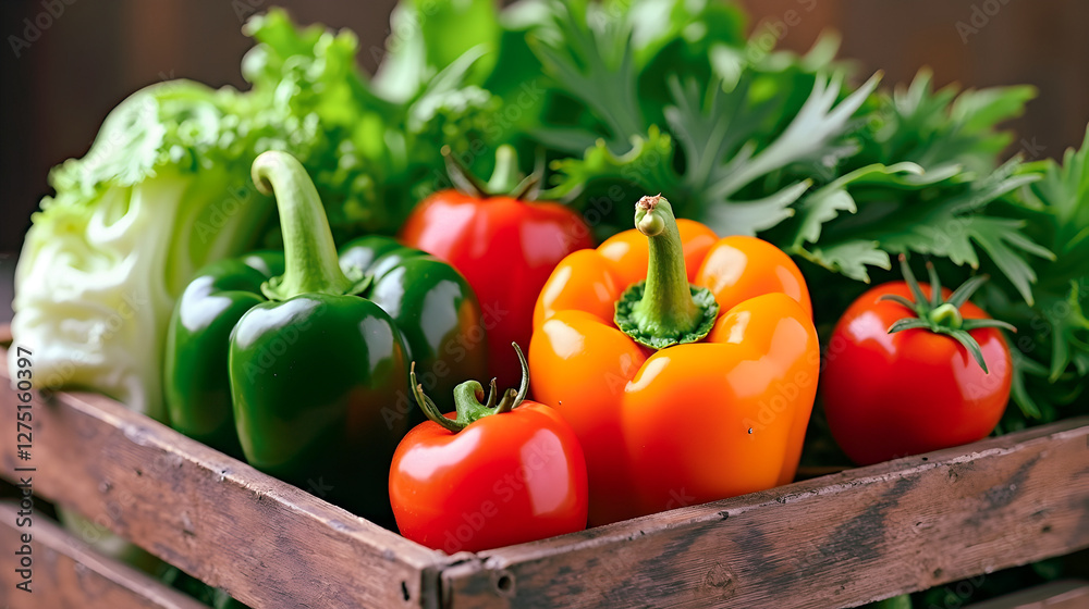 Fresh harvest: Colorful peppers, juicy tomatoes, and crisp lettuce in a rustic wooden crate. A vibrant still life. Fresh harvest: Colorful peppers, juicy tomatoes, and crisp lettuce in a rustic wooden crate. A vibrant still life.