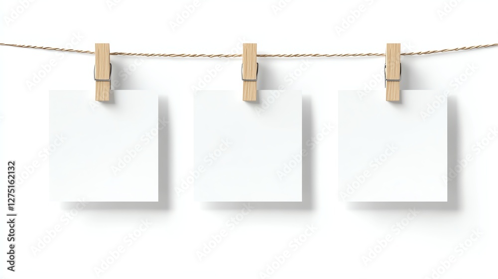 Three blank white square papers hanging symmetrically on a string with wooden clothespins, isolated on white. Minimalist, customizable, and ideal for design placeholders. Three blank white square papers hanging symmetrically on a string with wooden clothespins, isolated on white. Minimalist, customizable, and ideal for design placeholders.
