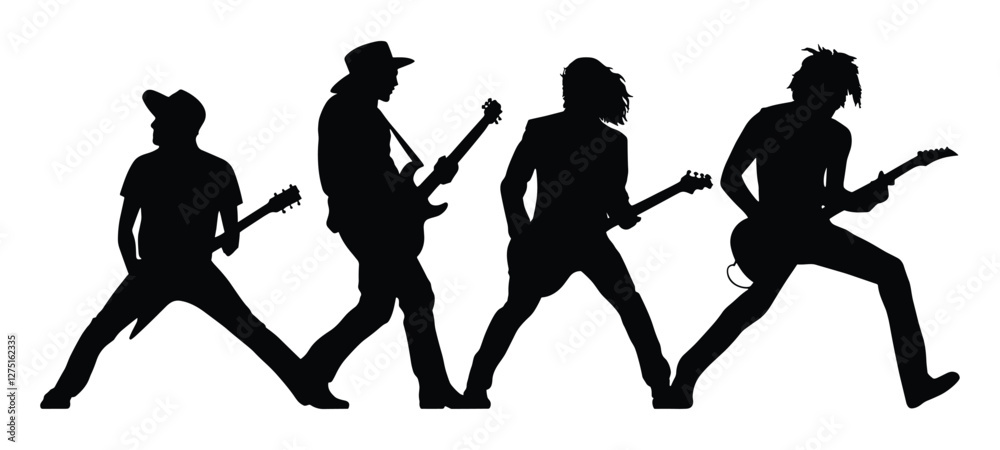 Energetic rock band silhouette performing on stage vector illustration.