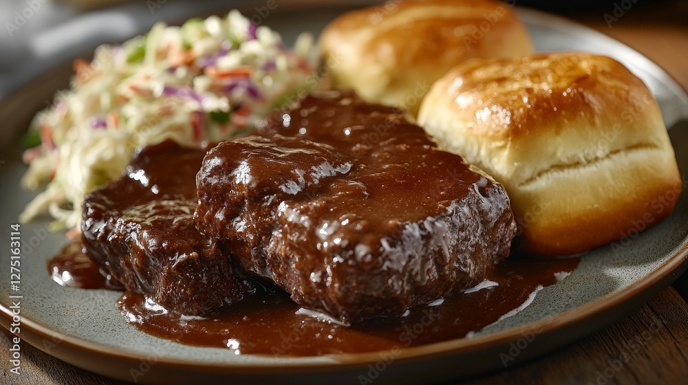 A plate featuring meatloaf with gravy, coleslaw, and dinner rolls. A plate featuring meatloaf with gravy, coleslaw, and dinner rolls.