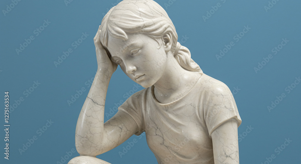 悩む女の子の像・子供の悩み・カラー背景・Statue of a troubled girl/Children's troubles/Color background 悩む女の子の像・子供の悩み・カラー背景・Statue of a troubled girl/Children's troubles/Color background