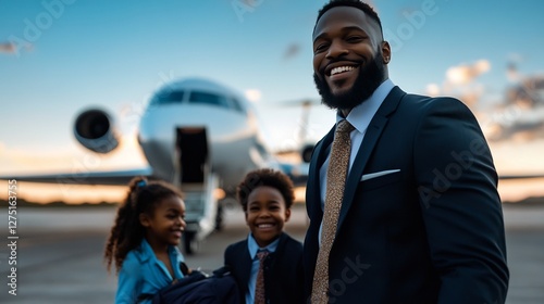 Smiling Family of Four Posing by Private Jet on Airport Tarmac at Sunset
