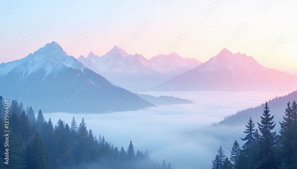 Obraz premium Misty Mountain Sunrise Panorama: Pastel Colors and Snow-Capped Peaks above a Foggy Valley