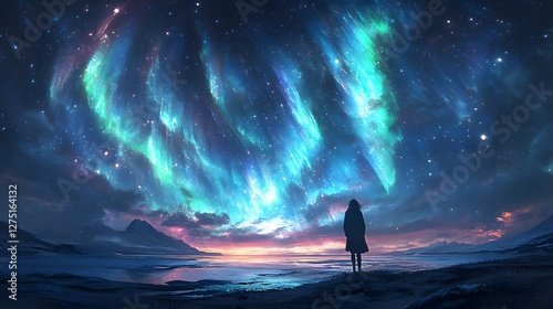Woman Silhouetted Against Stunning Aurora Borealis Night Sky Landscape