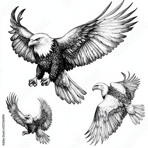 Majestic eagles in flight natural habitat black and white illustrations wildlife art aerial perspective nature inspiration