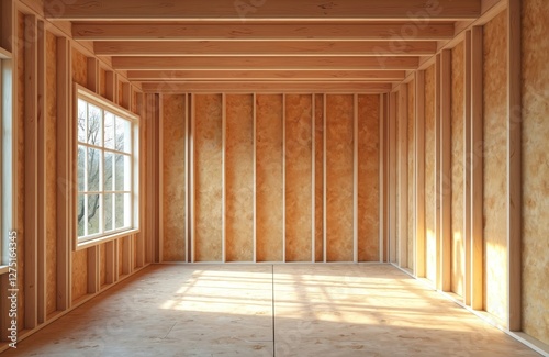 Interior of house framework under construction with plywood sheathing. Timber frame system with studs, beams, headers. New home building, real estate concept. Sunlight in window opening.