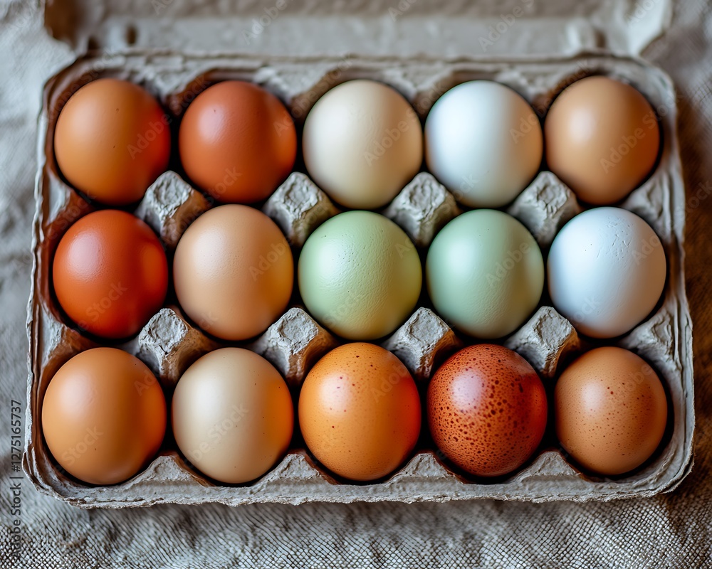 Colorful eggs carton, rustic background, food Colorful eggs carton, rustic background, food