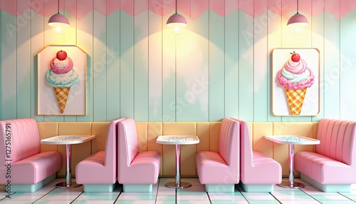 Pastel Pink and Mint Green Ice Cream Parlor Interior with Pixel Art Decor