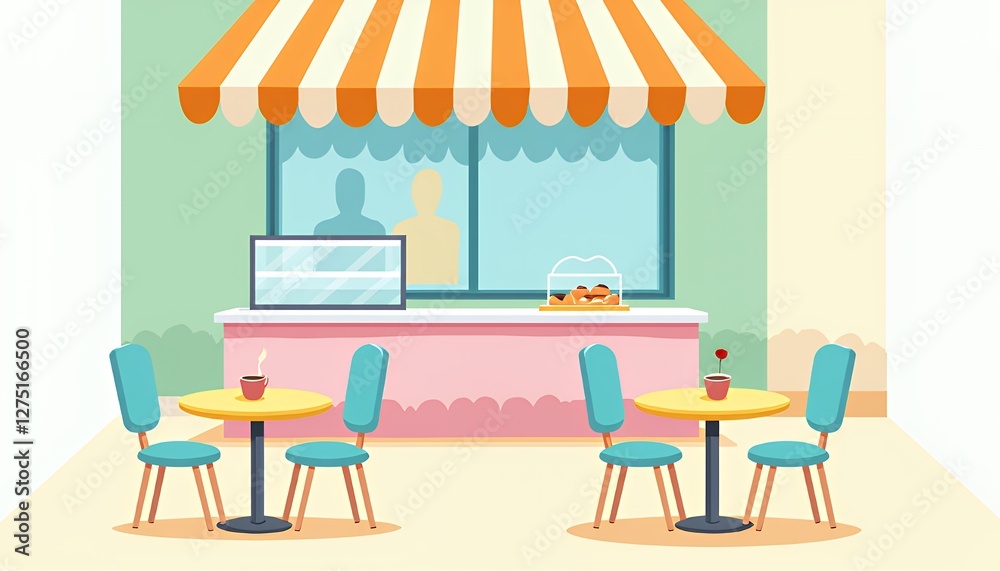 Fototapeta premium Pastel Pixel Art Cafe Illustration with Orange Striped Awning Teal Chairs and Yellow Tables