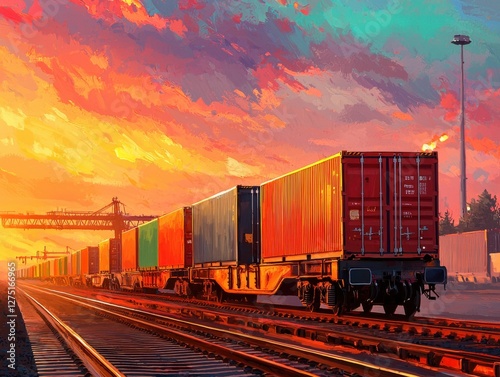 Vibrant sunset over freight train with colorful containers.