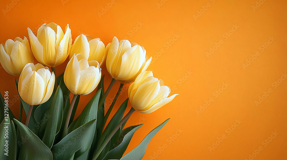 A vibrant arrangement of yellow tulips with green leaves on a bright orange backdrop, perfect for spring celebrations, Mother's Day, or Women’s Day cards. A vibrant arrangement of yellow tulips with green leaves on a bright orange backdrop, perfect for spring celebrations, Mother's Day, or Women’s Day cards.