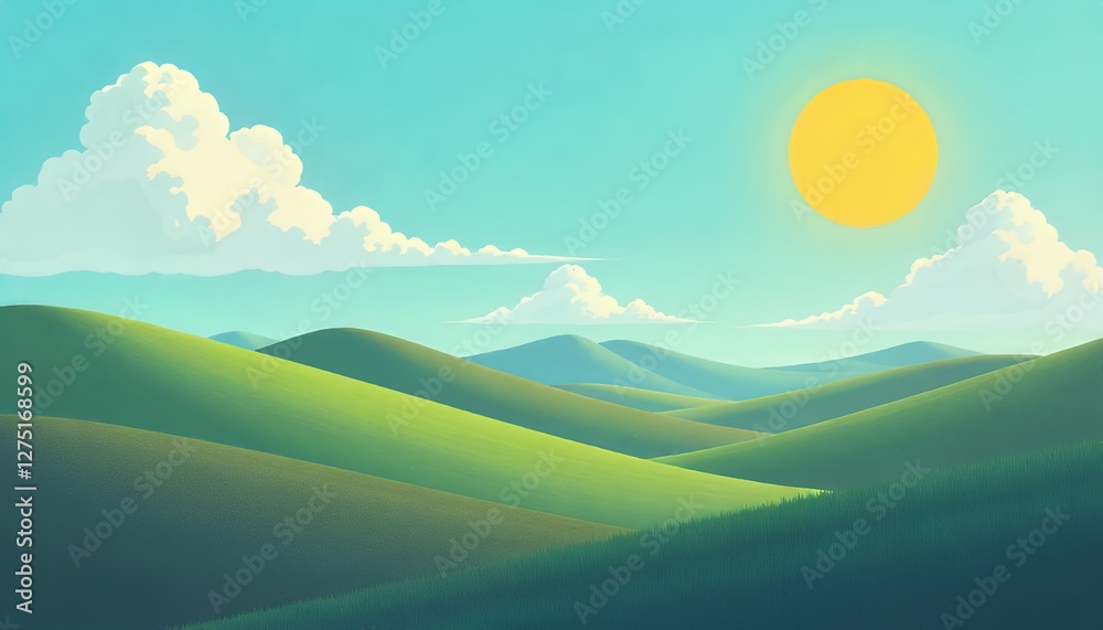 Serene Pixel Art Landscape: Sunny Day Rolling Green Hills and Blue Sky