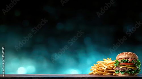 A delicious burger with fresh ingredients paired with golden fries against a blurred blue background. photo