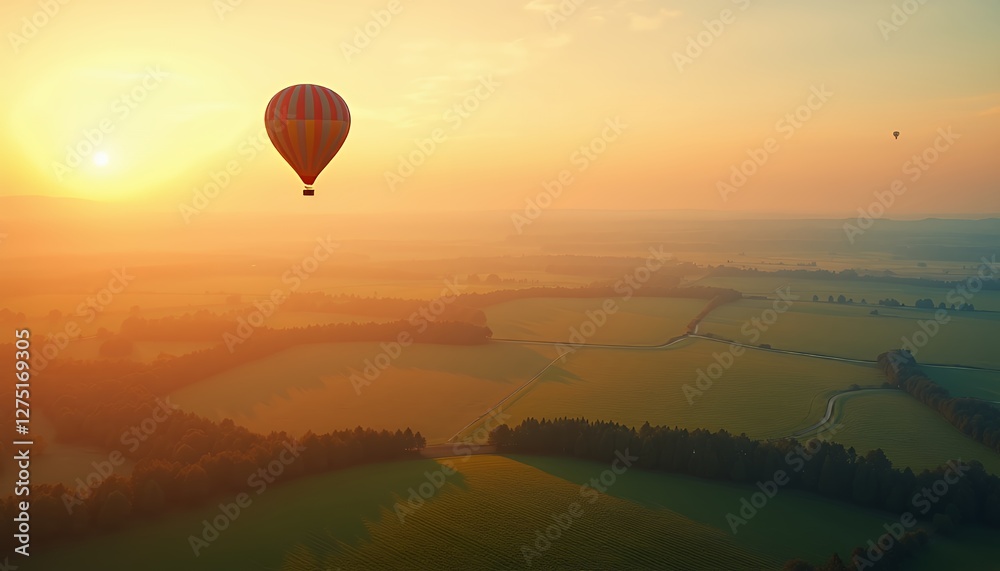 Fototapeta premium Sunrise Hot Air Balloon Ride Over Serene Landscape