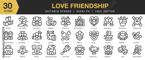 Love Friendship icon set. Editable Stroke Icon Collection. Includes friendship, love, heart, happy, romantic, and More. Outline icons vector collection.