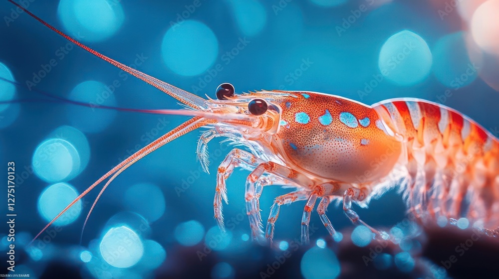 Close-up of a shrimp with blue spots Close-up of a shrimp with blue spots