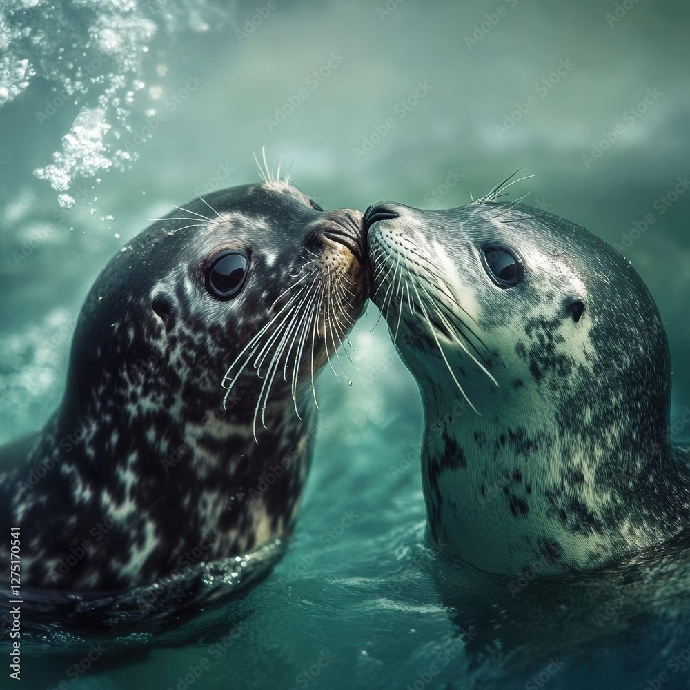 Fototapeta premium Endearing seal interaction marine habitat wildlife photography underwater environment close-up view love and bonding