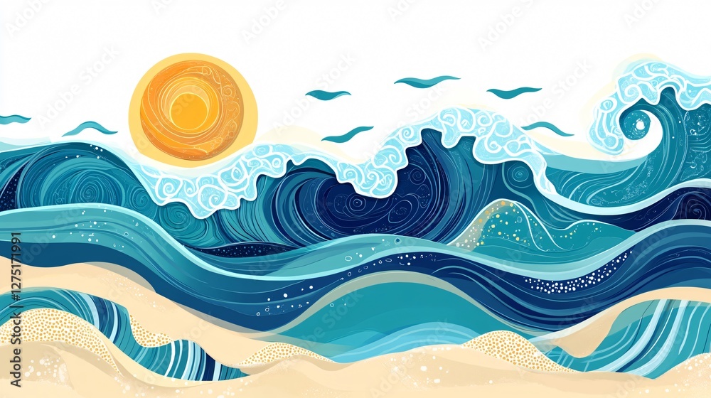 Stylized Ocean Waves with Setting Sun - Coastal Seascape Illustration Stylized Ocean Waves with Setting Sun - Coastal Seascape Illustration