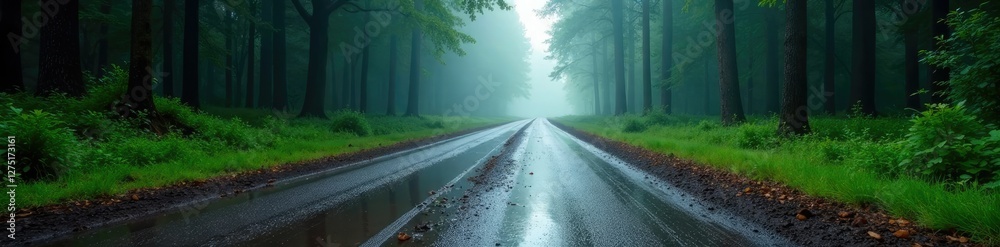 Fototapeta premium A wide forest road with deep puddles and a misty atmosphere, landscape, puddles, wet