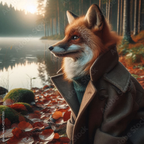 A fox wearing a coat in a nature forest during an autumn morning near a cold lake