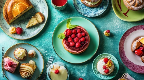 Wallpaper Mural A vibrant assortment of desserts displayed on a turquoise table, featuring cakes and pastries Torontodigital.ca