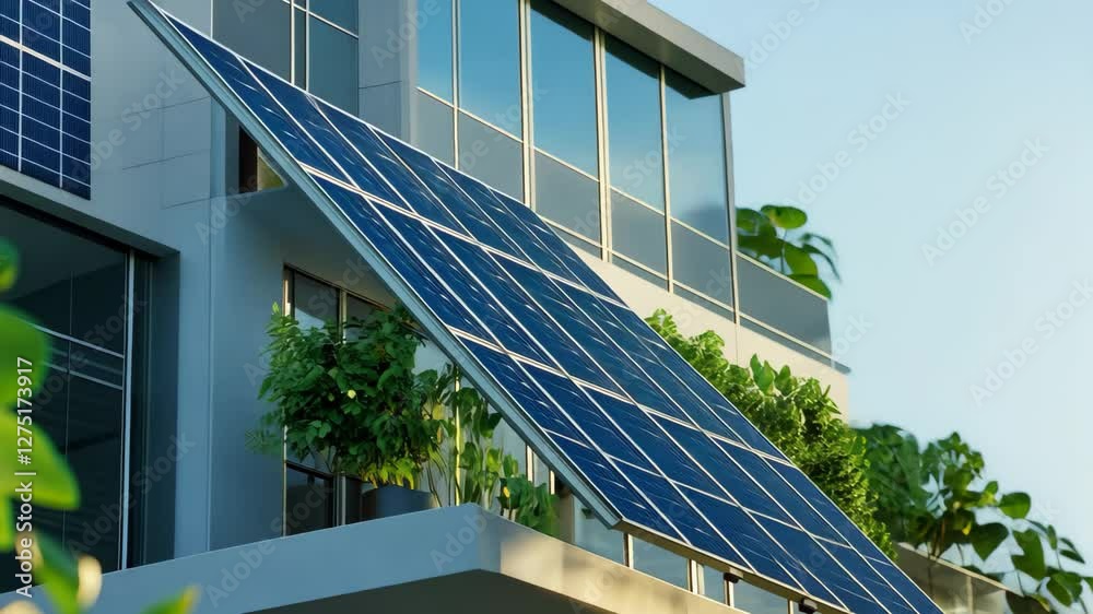 Modern apartment balcony featuring lush plants and solar panels for sustainable living, green concept ecology plant of house apartment with solar panel video