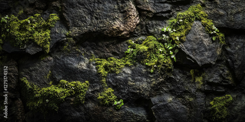 A close-up of a damp moss-covered wall