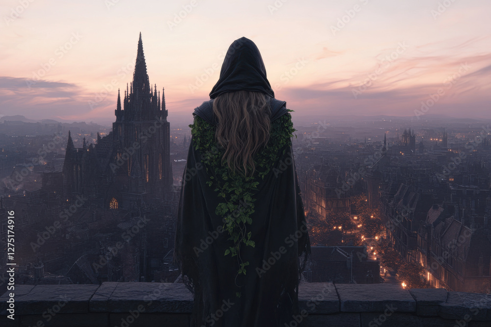A woman stands on a ledge looking out over a city A woman stands on a ledge looking out over a city