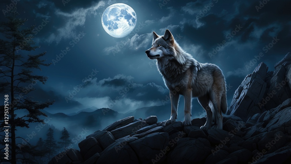 Naklejka premium A silhouetted wolf howling against a large,