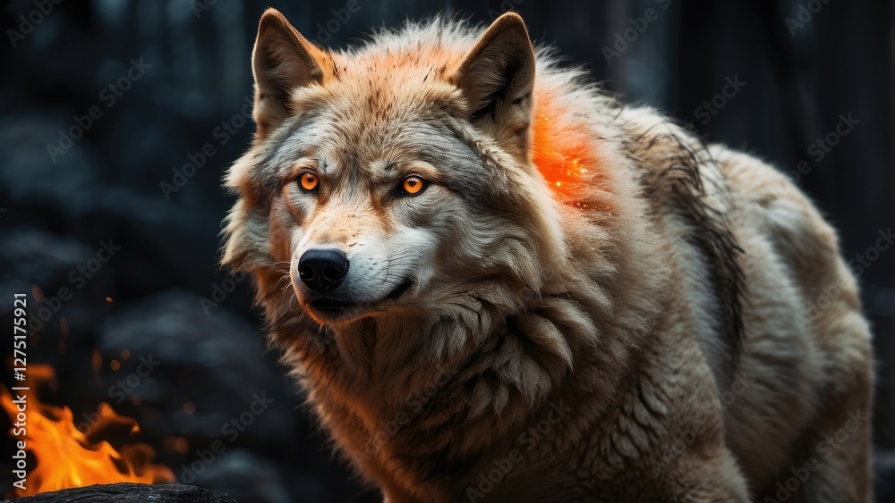 Fototapeta premium A majestic white wolf with piercing golden eyes emerges from vibrant flames,