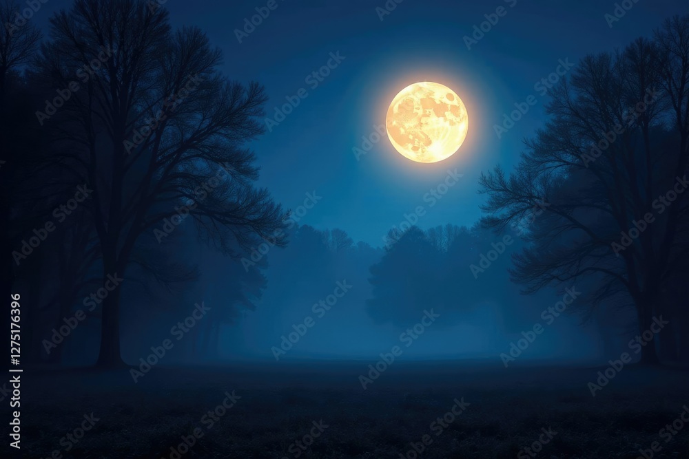 A glowing full moon illuminates a misty forest at midnight, trees, , shadows A glowing full moon illuminates a misty forest at midnight, trees, , shadows