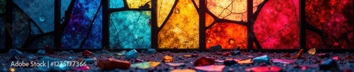 Broken stained glass in an abstract environment with scattered shards, shard, stained glass