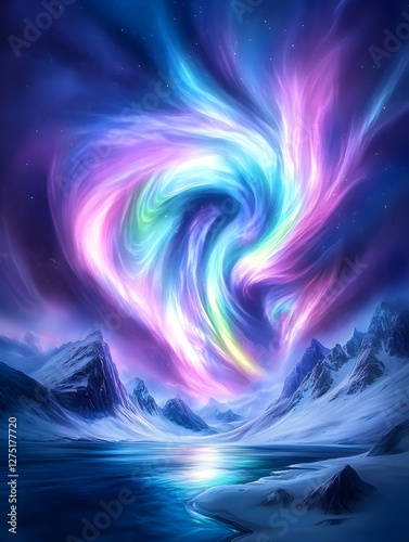 Aurora borealis swirls over snowy mountains and frozen lake; night sky, winter wonderland, nature scene