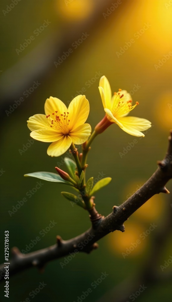 Obraz premium delicate petals on thornless stem with dark brown bark, tree, flower, golden