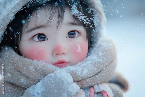 An Asian toddler with rosy cheeks and big, expressive eyes, standing outside in the snow, bundled up in a thick coat, scarf, and mittens. Their small nose is red from the cold, and they blow warm air.