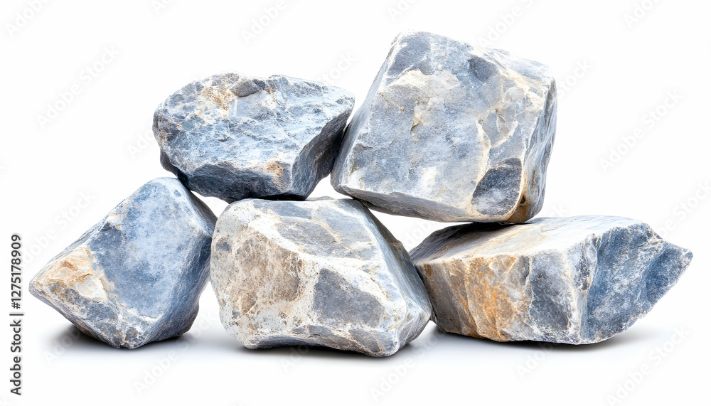 Blue limestone rocks pile, isolated, white background, construction material Blue limestone rocks pile, isolated, white background, construction material