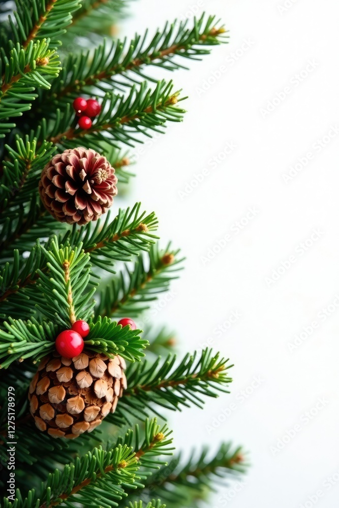 Evergreen spruce branches with pinecones and holly, against a warm white background, evergreen trees, branches, spruce Evergreen spruce branches with pinecones and holly, against a warm white background, evergreen trees, branches, spruce