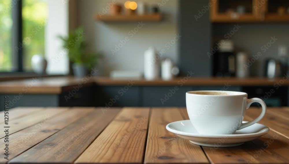 Empty wooden table top with scattered coffee cups and saucers on a modern background, modern, saucer, desk Empty wooden table top with scattered coffee cups and saucers on a modern background, modern, saucer, desk