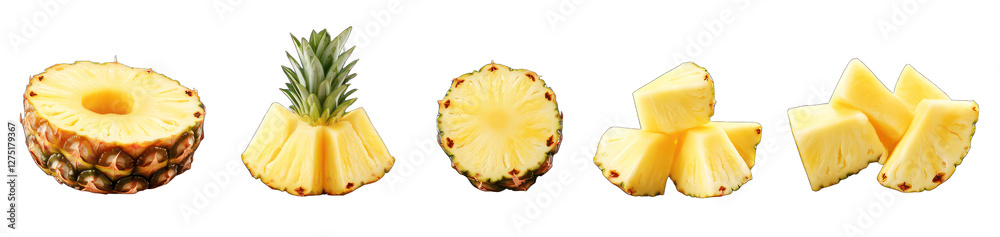 set of fresh pineapple chunks small cubes single chunk overhead side angle bright yellow color isolated on transparent background set of fresh pineapple chunks small cubes single chunk overhead side angle bright yellow color isolated on transparent background
