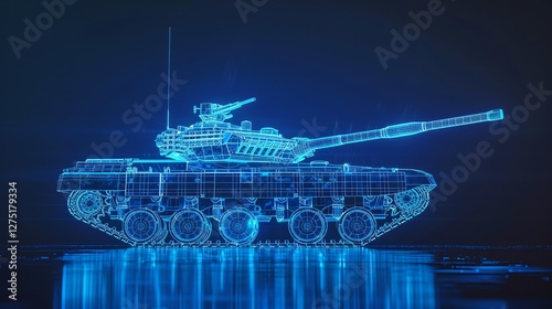 Stunning 3D rendering of a US military tank in side view, featuring a sleek wireframe design glowing in futuristic blue. Perfect for tech, military, and sci-fi projects.
