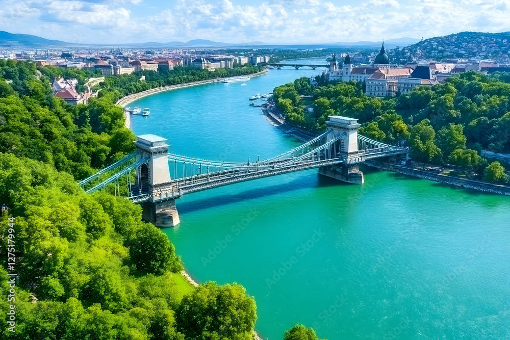 Fototapeta premium Chain bridge, Danube river, Budapest panorama, summer travel