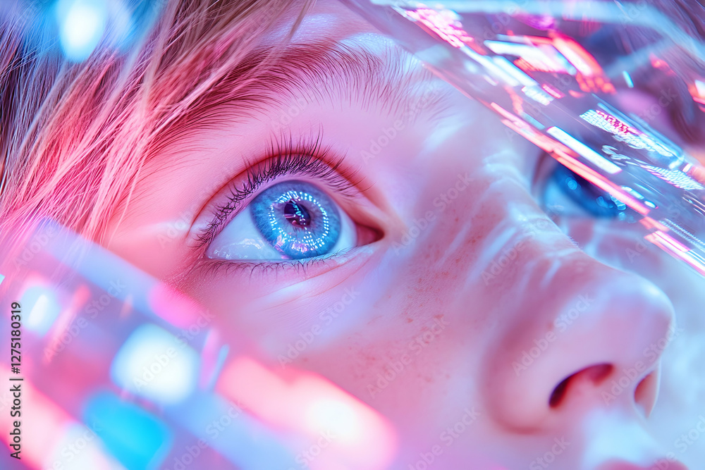 Child's eyes, futuristic tech, vibrant lights, exploring Child's eyes, futuristic tech, vibrant lights, exploring