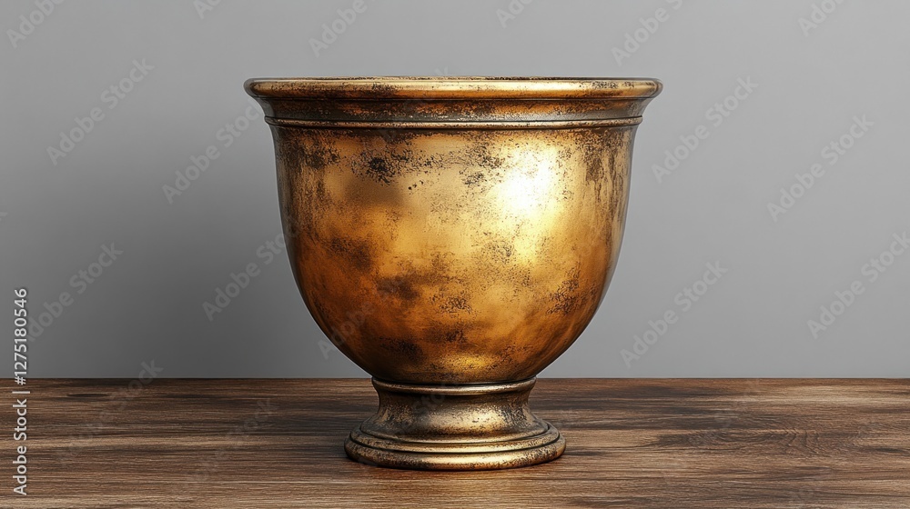 Empty decorative gold-toned vase on wooden table Empty decorative gold-toned vase on wooden table