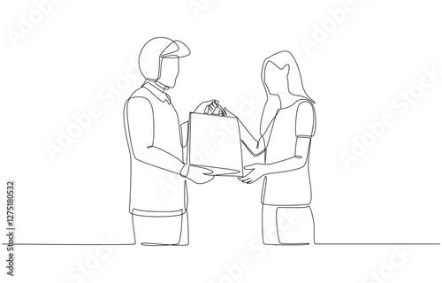 Continuous one line drawing of delivery man delivering bag of food to customer, food delivery concept, single line art