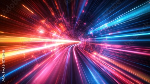 Futuristic cyber neon warp drive tunnel, deep 3D motion, glowing electric blue and magenta streaks