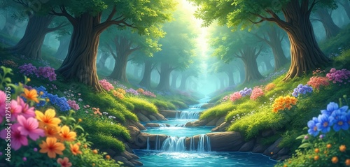 Enchanted forest stream with vibrant flowers. Anime style illustration, bright summer foliage. Magical fantasy landscape with peaceful flora, serene water stream, idyllic sunlight and rich trees.