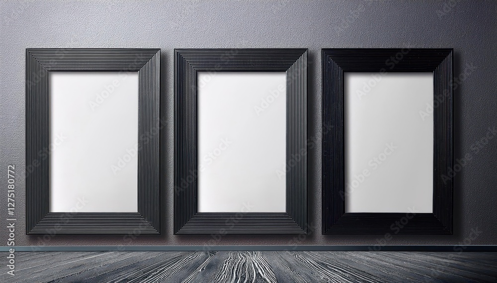 Vibrant Advertisement against Minimalistic Gray Backdrop Three Black Frames Emphasizing Artwork in Urban Environment Vibrant Advertisement against Minimalistic Gray Backdrop Three Black Frames Emphasizing Artwork in Urban Environment