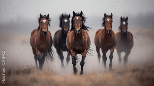 A group of five horses gallops through a misty landscape, creating a dynamic and serene atmosphere.
