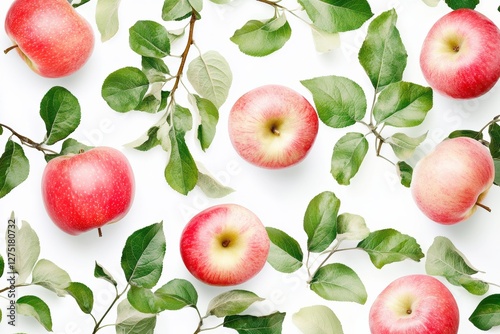 apples and green leaves pattern design on white background